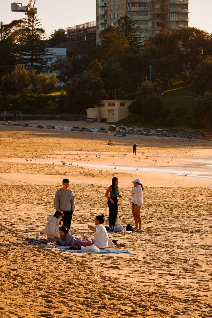 Friends enjoying a relaxed picnic on a beach at sunset with scenic coastal background.